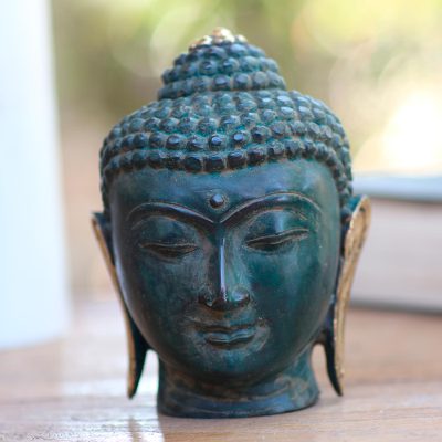 Bronze statuette, 'Buddha's Head in Green' - Green Patina Bronze Buddha Head Statuette