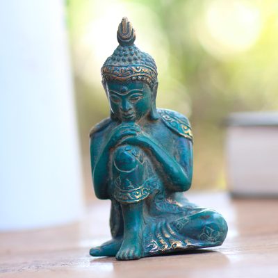 Bronze statuette, 'Resting Buddha in Green' - Resting Buddha Bronze Statuette with Green Patina