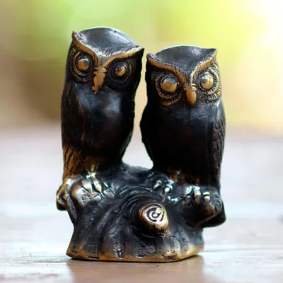 Bronze statuette, 'Owl Pair' - Artisan Crafted Bronze Owl Statuette