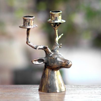 Brass candleholder, 'Stately Deer' - Deer Head Candleholder in Hand Cast Brass