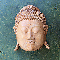 Wood mask, 'Buddha' - Natural Finish Suar Wood Buddha Mask from Bali