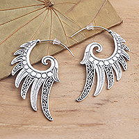 Sterling silver half-hoop earrings, 'Feathered Garland' - Feather Motif Sterling Silver Half-Hoop Earrings