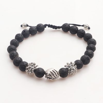 Sterling silver lava stone unity bracelet, 'Helping Hands Together' - Balinese Sterling Silver Black Lava Stone Unity Bracelet