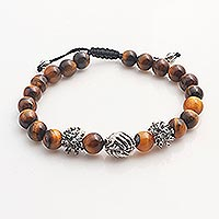Tiger's eye unity bracelet, 'Helping Hands Together' - Balinese Tiger's Eye Sterling Silver Unity Bracelet