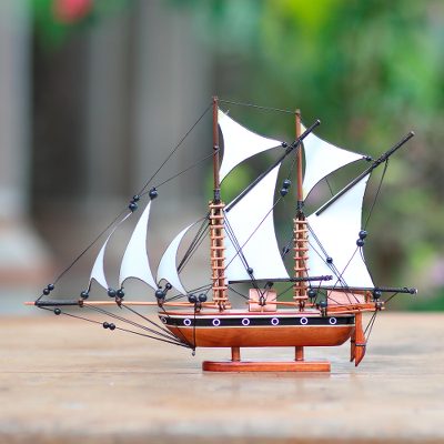 Wood sculpture, 'Kapal Phinisi' - Reclaimed Mahogany and Bamboo Sailing Vessel Replica