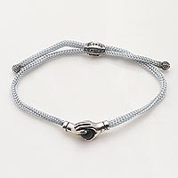 Sterling silver and black agate unity bracelet, 'Silver Grey Handshake' - Bali Black Agate & Sterling Silver Grey Cord Unity Bracelet