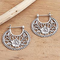 Sterling silver hoop earrings, 'Floral Curves' - Balinese Sterling Silver Hoop Earrings
