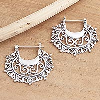Sterling silver hoop earrings, 'Engraved Curves' - Balinese Sterling Silver Hoop Earrings