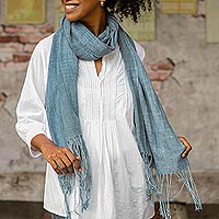 Natural indigo dyed cotton shawl, 'Morning Indigo' - Light Indigo Hand Spun and Woven Cotton Shawl
