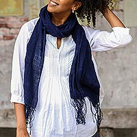 Natural indigo dyed cotton shawl, 'Midnight Indigo' - Hand Woven All Cotton Shawl in Dark Indigo