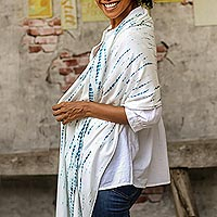 Natural dyes hand woven rayon shawl, 'Tropical Rain' - White and Blue Rayon Shawl Made with Natural Dyes