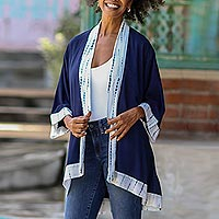 Natural dyes hand woven rayon kimono, 'Indigo Rain' - Natural Indigo and White Open Rayon Kimono Jacket
