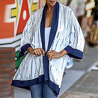 Natural dyes hand woven rayon kimono, 'Tropical Rain' - White and Indigo Blue Rayon Kimono from Bali
