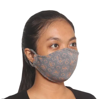 Cotton face masks, 'Cheerful Grey' (set of 3) - 3 Double Layer Grey Floral Cotton Print Ear Loop Masks
