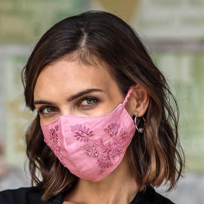 Cotton face masks 'Beautiful Blossoms' (set of 3) - 3 Cotton Contoured Face Masks with Embroidered Flowers