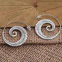 Sterling silver drop earrings, 'Furling Fern' - Fernlike Sterling Silver Drop Earrings from Bali