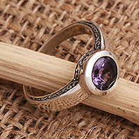 Amethyst solitaire ring, 'The Life Within' - Amethyst Solitaire Sterling Silver Ring