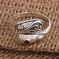 Garnet wrap ring, 'Two Heads' - Bezel Set Garnet Sterling Silver Wrap Ring