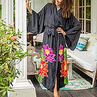 Hand-painted rayon robe, 'Beautiful Flowers in Grey' - Floral Hand Painted Grey Robe from Bali