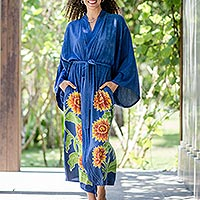 Hand-painted rayon robe, 'Beautiful Flowers in Blue' - Hand Painted Floral Rayon Robe