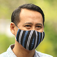 Cotton lurik face masks, 'Javanese Blues' (set of 3) - 3 Handwoven Cotton Lurik Contoured 2-Layer Blue Face Masks