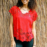 Featured review for Rayon short-sleeved top, Rose Mallow in Red