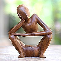 Suar wood statuette, 'Thinking Posture' - Hand Carved Suar Wood Statuette