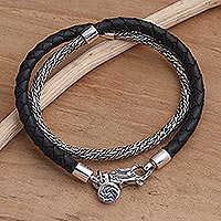 Sterling silver and leather braided wrap bracelet, 'Fish of Fortune' - Handmade Sterling Silver and Leather Braided Wrap Bracelet