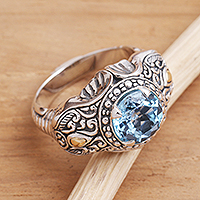Men's gold accented blue topaz ring, 'Maharaja' - Five Carat Men's Gold Accented Sterling Silver Ring