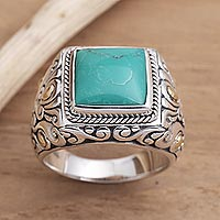 Men's gold accented sterling silver ring, 'Kuta Blue' - Men's Sterling Silver and Gold Accent Ring
