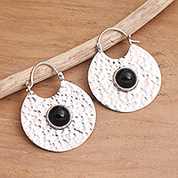 Onyx hoop earrings, 'Round Shadow' - Hammered Sterling Silver Hoop Earrings with Black Onyx Stone