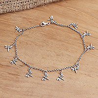 Sterling silver charm anklet, 'Dazzling Dragonflies' - Sterling Silver Dragonfly Charm Ankle Bracelet