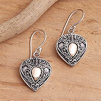 Gold-accented sterling silver dangle earrings, 'Sukawati's Love' - Oxidized Sterling Silver Earrings with Gold Plated Detail