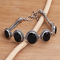 Onyx pendant bracelet, 'Five Panels' - Black Onyx and Silver Toggle Clasp Bracelet