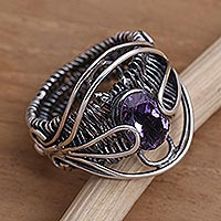 Amethyst cocktail ring, 'Novel Charm in Purple' - Artisan Made Sterling Silver Amethyst Cocktail Ring