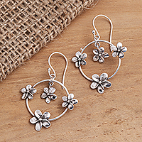 Sterling silver dangle earrings, 'Jepun Orbit' - Plumeria Flower Sterling Silver Dangle Earrings