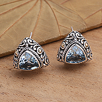 Gold-accented blue topaz button earrings, 'Pyramid Power in Blue' - Triangular Bezel Set Blue Topaz Button Earrings