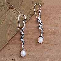 Cultured pearl dangle earrings, 'Spiral Pearl' - Sterling Silver Spiral Earrings with Cultured Pearls