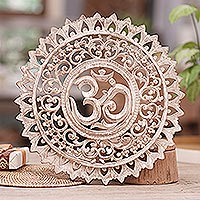 Wood relief panel, 'White Mantra' - Distressed White Om Symbol Relief Panel