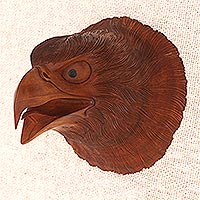 Wood wall sculpture, 'Eagle Eyes' - Hand Carved Suar Wood Eagle Head Wall Decor