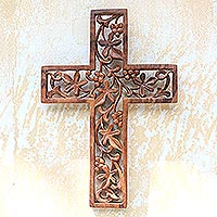 Wood wall cross, 'Natural Inspiration' - Hand Carved Wood Cross with Leaf and Vine Motif