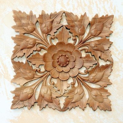 Wood relief panel, 'Perfect Lotus' - Hand Carved Lotus Blossom Suar Wood Relief Panel