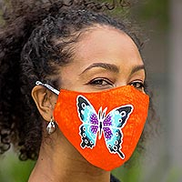 Hand-painted rayon face masks, 'Island Butterfly Beauty' (set of 3) - 3 Hand-Painted Butterfly on Balinese Batik 2-Layer Masks