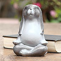 Wood statuette, 'Pregnant Yoga' - Hand Carved Suar Wood Bunny Statuette