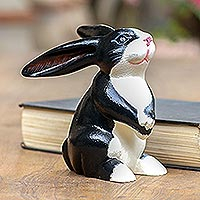 Wood sculpture, 'Adorable Tuxedo Rabbit' - Bunny Sculpture in Black and White