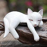 Wood statuette, 'Lounging Cat in White' - Hand Carved Suar Wood Cat Statuette