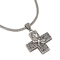 Sterling silver pendant necklace, 'Petite Cross' - Oxidized Sterling Silver Petite Cross Pendant Necklace