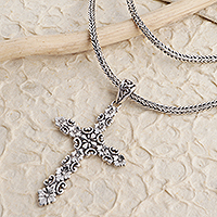 Sterling silver cross pendant necklace, 'Blossoming Reverence' - Oxidized Sterling Silver Cross Pendant Necklace