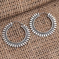 Sterling silver hoop earrings, 'Precocious' - Leafy Balinese Sterling Silver Hoop Earrings