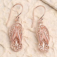 Rose gold plated filigree dangle earrings, 'Slippers' - Hand Crafted Rose Gold Plated Dangle Earrings